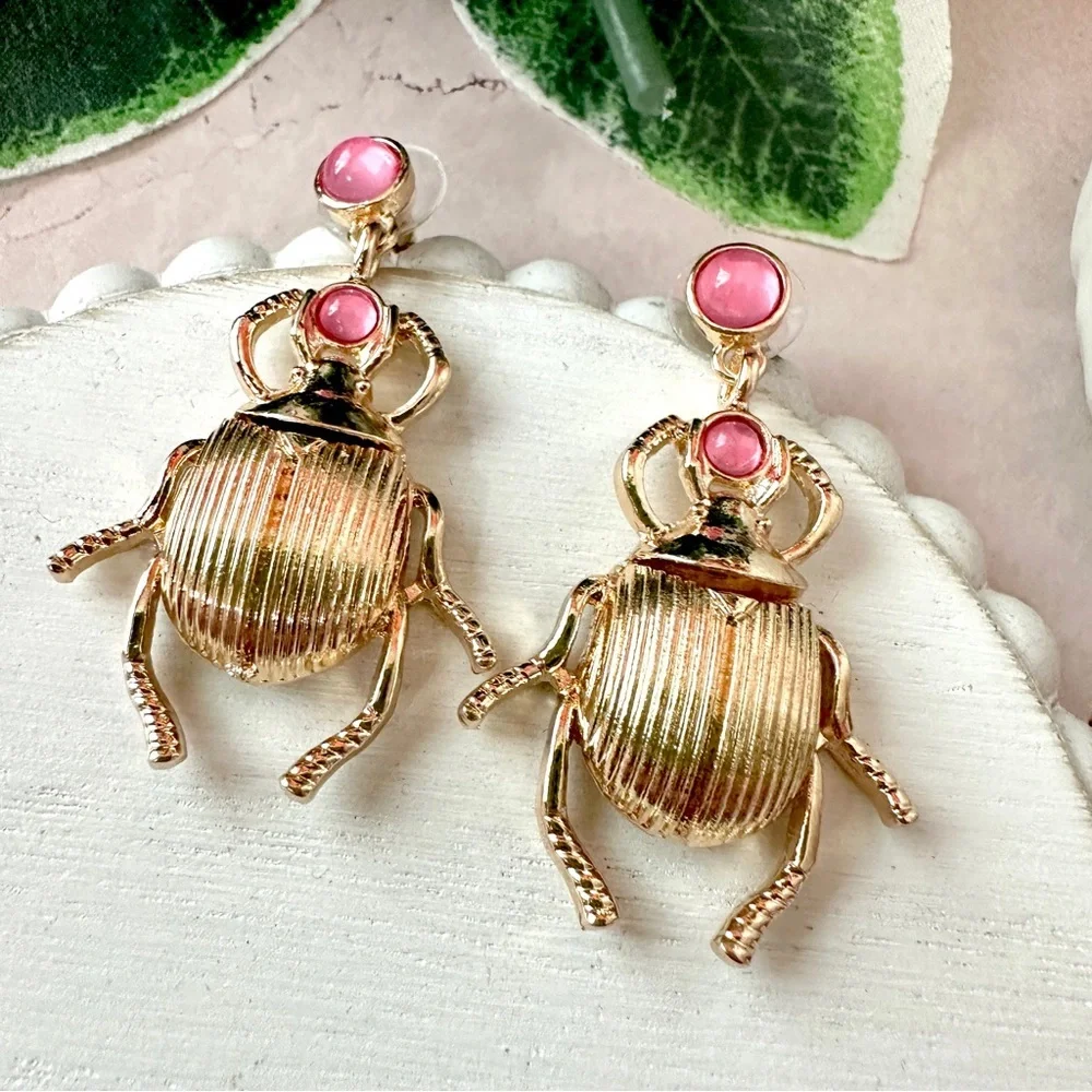 2/$30🌵 Egyptian Scarab Beetle Earrings Insect Gold Pink Art Nouveau Bug NEW